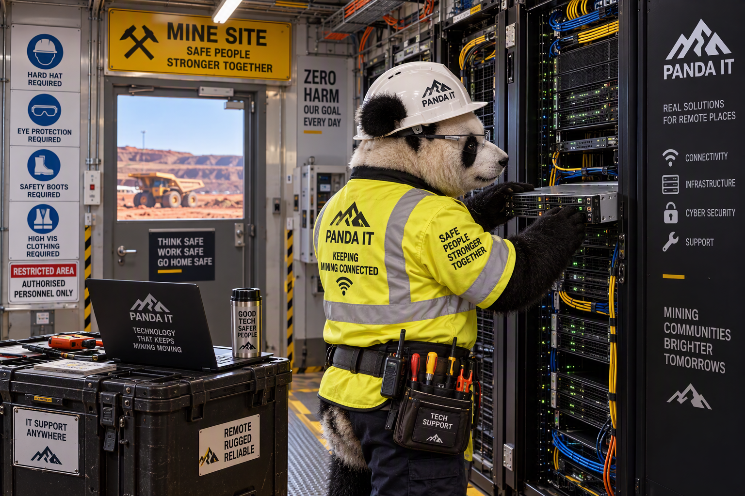 Panda IT mascot working on server racks inside a minesite equipment room