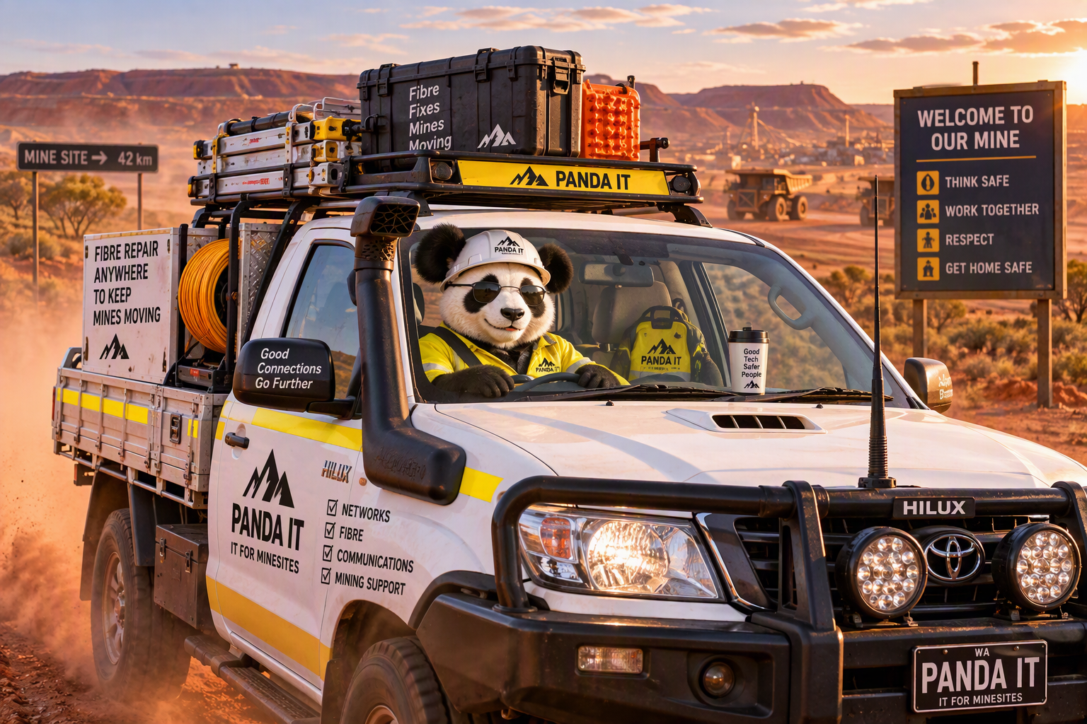 Panda IT mascot driving a white Panda IT dual-cab ute fitted with a bull bar, snorkel and a roof rack loaded with cable and a ladder along a red dirt minesite road